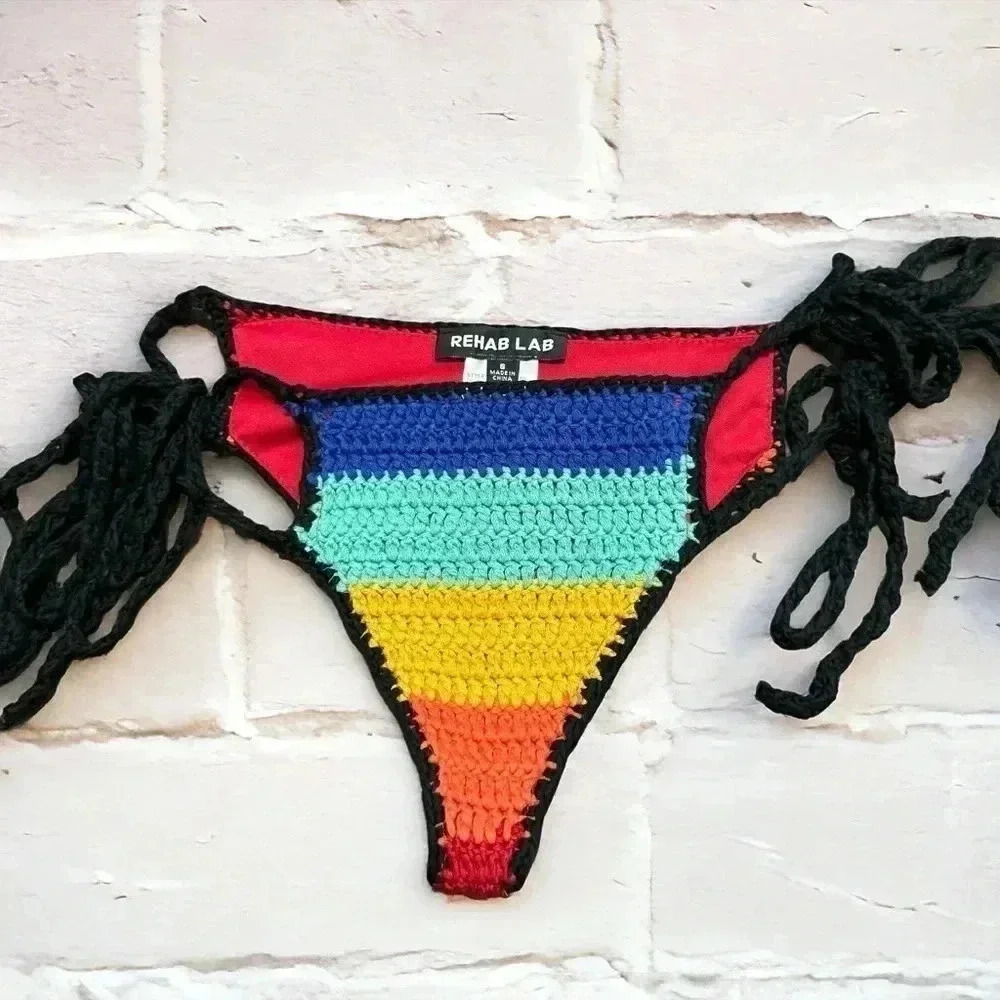 Rehab lab y2k rainbow crochet swim bottoms S